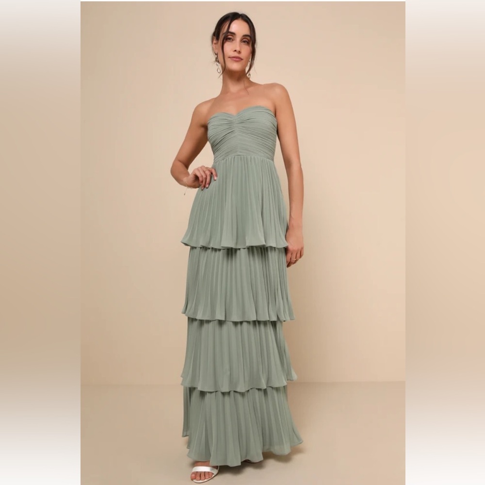 Lulu's Strapless Tiered Maxi Dress in Sage Green